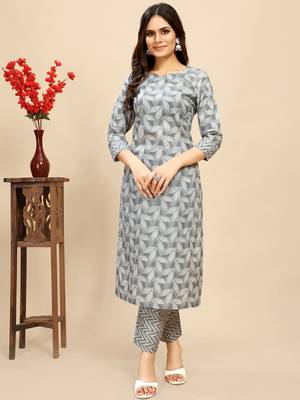 women's cotton blend straight printed daily wear casual kurta & pant set 1