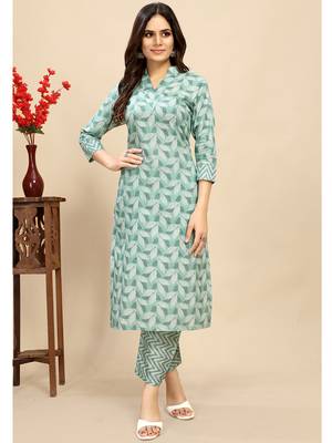 women's cotton blend straight printed daily wear casual kurta & pant set 1
