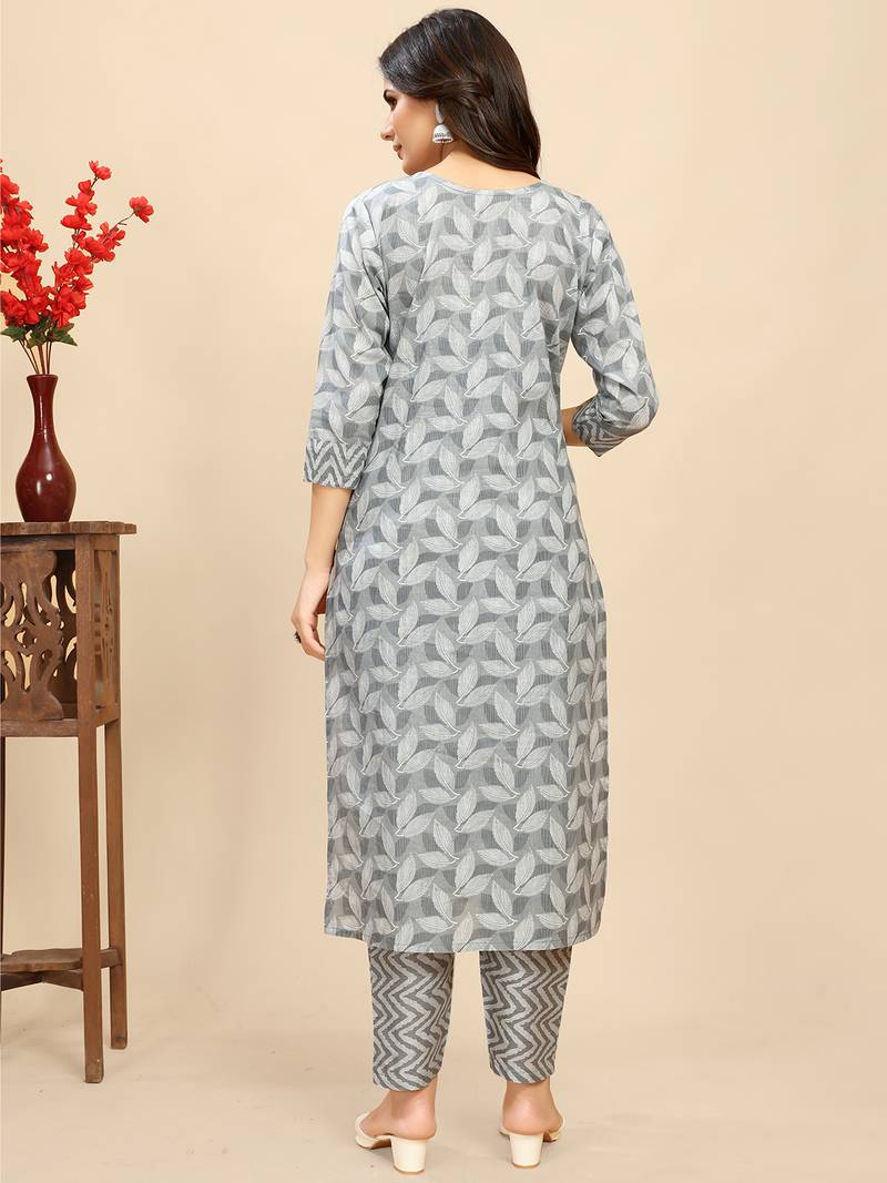 Leeza store women's cotton blend straight printed daily wear casual kurta & pant set