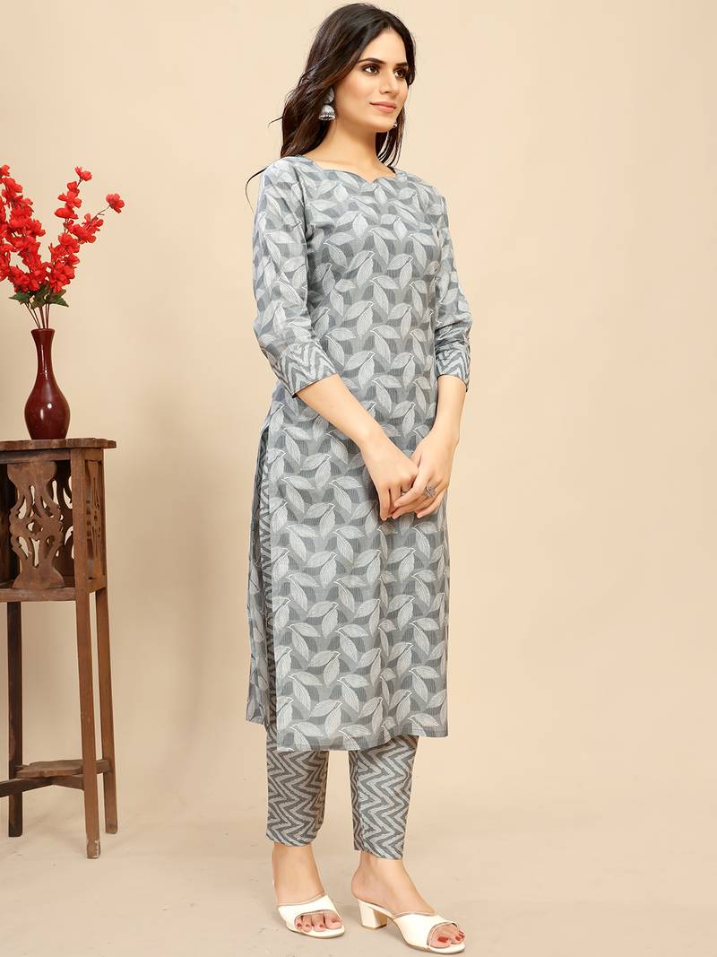Leeza store women's cotton blend straight printed daily wear casual kurta & pant set