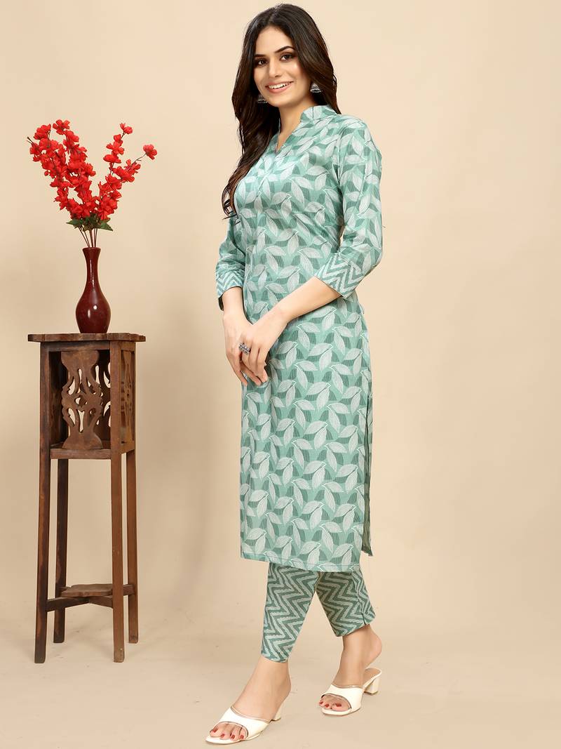 women's cotton blend straight printed daily wear casual kurta & pant set