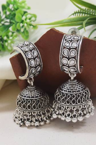 I jewels ethnic silver oxidised afghani style trending jhumka earrings