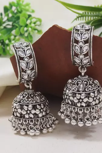 I jewels navratri ethnic silver oxidised afghani style trending jhumka earrings