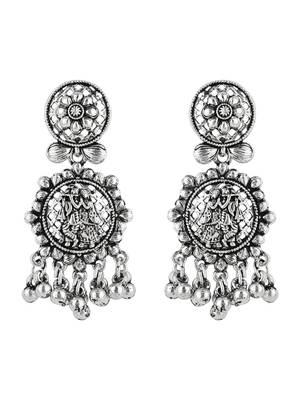 silver oxidised afghani style radhe krishna flute figurative designer earrings 2