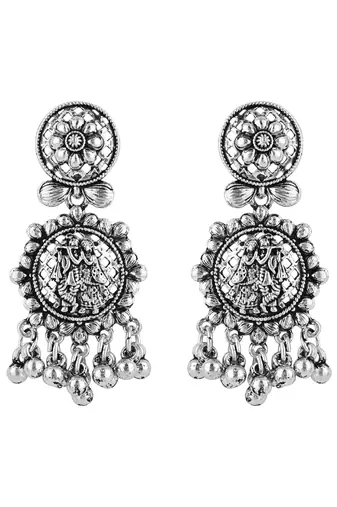 silver oxidised afghani style radhe krishna flute figurative designer earrings