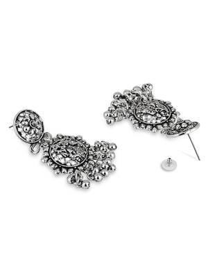 silver oxidised afghani style radhe krishna flute figurative designer earrings 3