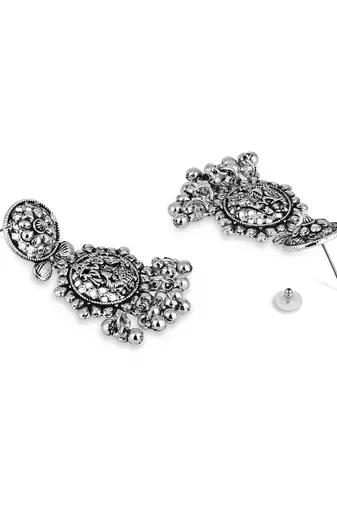 silver oxidised afghani style radhe krishna flute figurative designer earrings