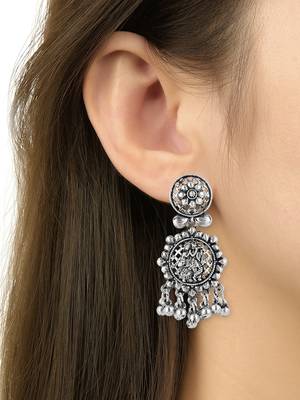 silver oxidised afghani style radhe krishna flute figurative designer earrings 4