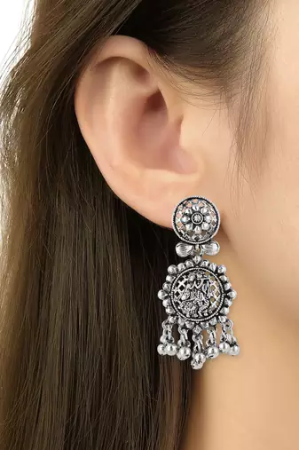 silver oxidised afghani style radhe krishna flute figurative designer earrings