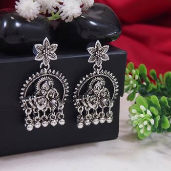 I jewels silver oxidised afghani style radhe krishna flute figurative designer earrings 1
