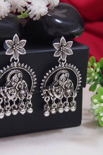 I jewels silver oxidised afghani style radhe krishna flute figurative designer earrings