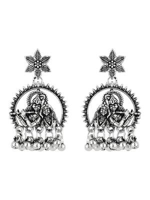 I jewels silver oxidised afghani style radhe krishna flute figurative designer earrings 2