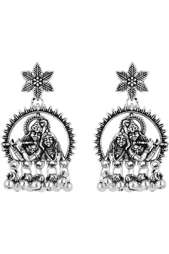 I jewels silver oxidised afghani style radhe krishna flute figurative designer earrings