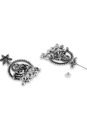 I jewels silver oxidised afghani style radhe krishna flute figurative designer earrings
