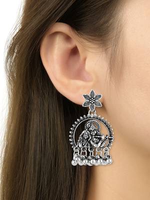 I jewels silver oxidised afghani style radhe krishna flute figurative designer earrings 4