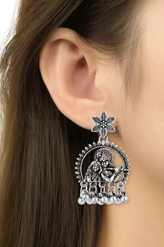 I jewels silver oxidised afghani style radhe krishna flute figurative designer earrings