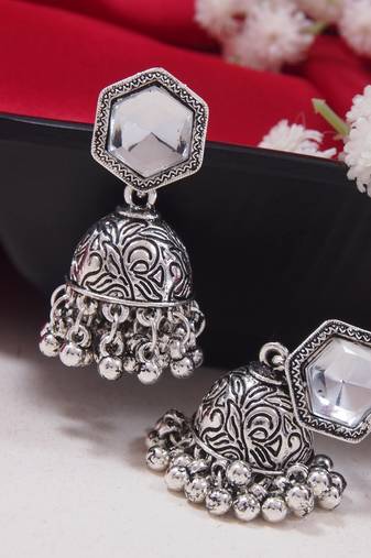 navratri ethnic silver oxidised afghani style trending jhumka earrings
