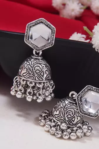 navratri ethnic silver oxidised afghani style trending jhumka earrings