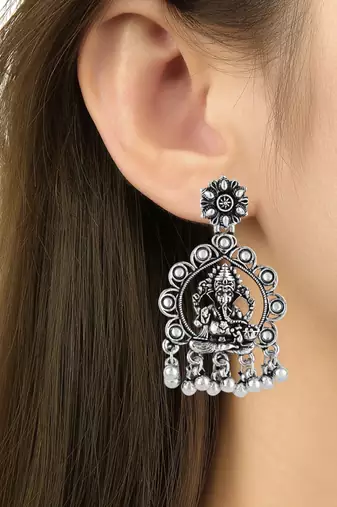 ethnic design silver oxidised afghani style lightweight festive occasional wear earrings