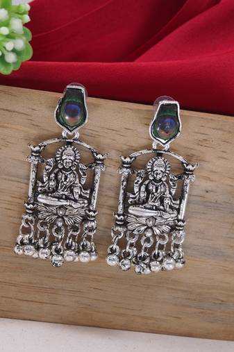 I jewels ethnic silver oxidised afghani boho peacock feather dangle earring