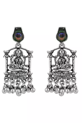 I jewels ethnic silver oxidised afghani boho peacock feather dangle earring
