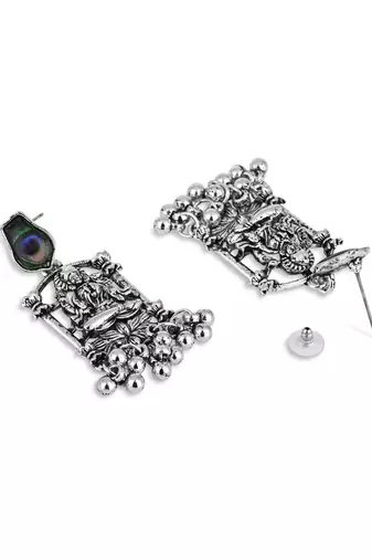 I jewels ethnic silver oxidised afghani boho peacock feather dangle earring