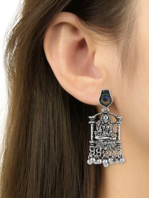 I jewels ethnic silver oxidised afghani boho peacock feather dangle earring 4