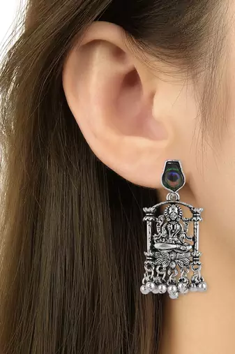 I jewels ethnic silver oxidised afghani boho peacock feather dangle earring