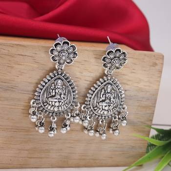 ethnic silver oxidised afghani style floral design temple earrings 1