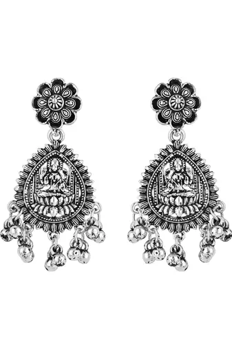 ethnic silver oxidised afghani style floral design temple earrings