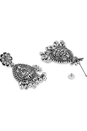 ethnic silver oxidised afghani style floral design temple earrings