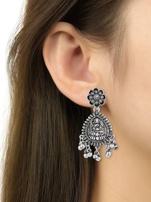 ethnic silver oxidised afghani style floral design temple earrings 4