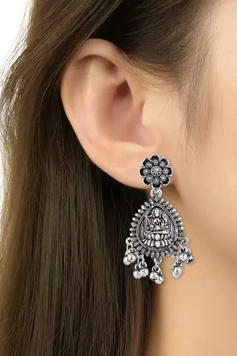 ethnic silver oxidised afghani style floral design temple earrings