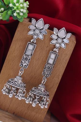 I jewels ethnic silver oxidised afghani style lotus design jhumka earrings