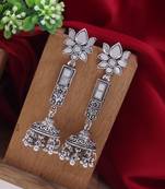 I jewels ethnic silver oxidised afghani style lotus design jhumka earrings