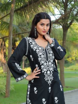 Black Embroidered Straight Chikankari Kurti with Rayon Palazzo - Stitched 4