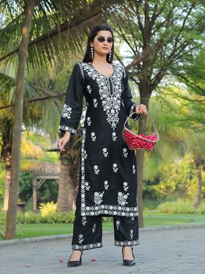 Black Embroidered Straight Chikankari Kurti with Rayon Palazzo - Stitched 1