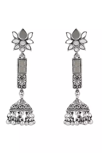 I jewels ethnic silver oxidised afghani style lotus design jhumka earrings