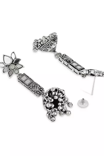 I jewels ethnic silver oxidised afghani style lotus design jhumka earrings