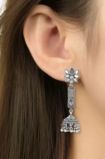 I jewels ethnic silver oxidised afghani style lotus design jhumka earrings