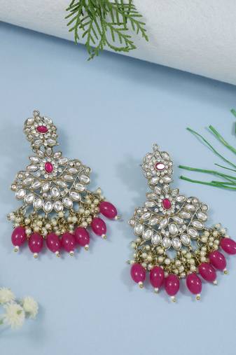 pink traditional kundan pearl chandbali earrings