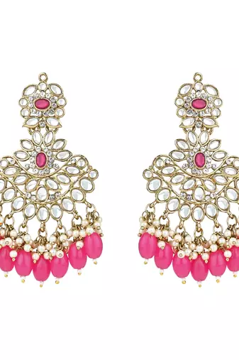 pink traditional kundan pearl chandbali earrings