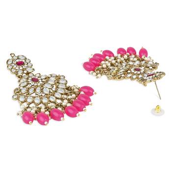 pink traditional kundan pearl chandbali earrings 3
