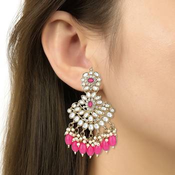pink traditional kundan pearl chandbali earrings 4