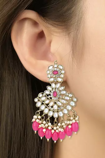 pink traditional kundan pearl chandbali earrings