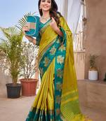 Lemon woven kanjivaram cotton silk saree with blouse piece