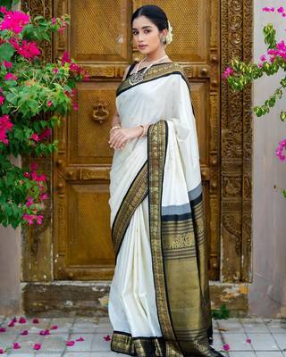 White woven kanjivaram cotton silk saree with blouse piece 1