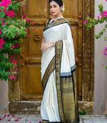 White woven kanjivaram cotton silk saree with blouse piece