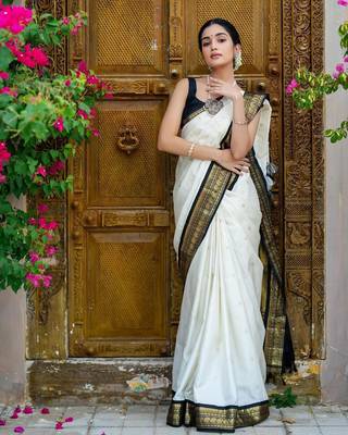 White woven kanjivaram cotton silk saree with blouse piece 2
