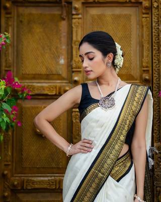 White woven kanjivaram cotton silk saree with blouse piece 3